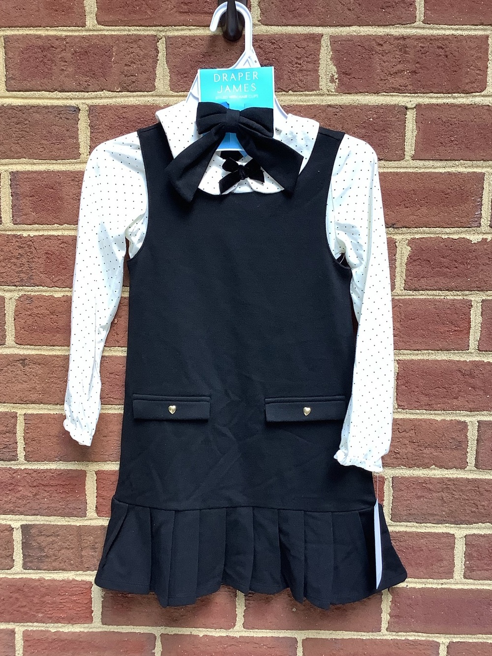 NWT Draper James Black Jumper Dress Pleated Matching Shirt Hairbow 6
